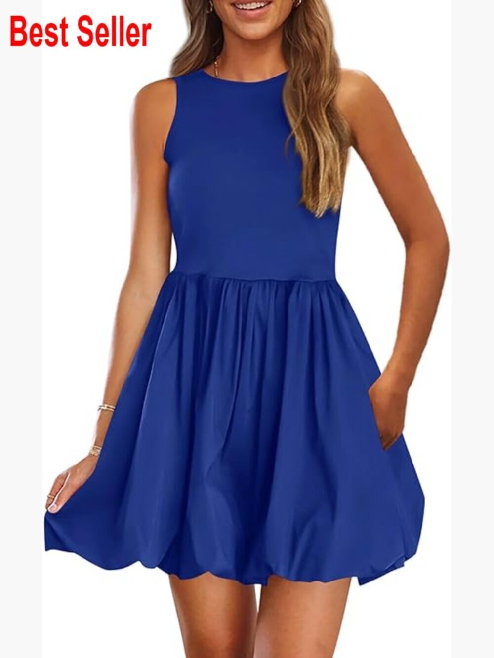 Sleeveless Crew Neck Mini Dress with Pockets, Bubble Hem, Casual Summer Dress